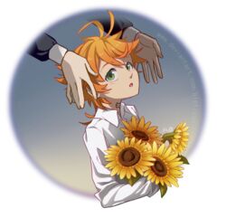  :o ahoge bletisan collared_shirt commentary deviantart_username emma_(yakusoku_no_neverland) english_commentary female flower green_eyes grey_background hands holding holding_flower long_sleeves looking_up neck_tattoo number_tattoo open_mouth orange_hair shirt short_hair signature simple_background solo_focus sunflower tattoo upper_body watermark web_address white_background white_shirt yakusoku_no_neverland yellow_flower 