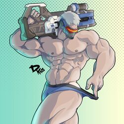  1boy abs artist_name ass bara blue_male_underwear briefs bulge covered_face dkmate gun highres holding holding_gun holding_weapon large_pectorals male_focus male_underwear male_underwear_pull mask muscular muscular_male navel over_shoulder overwatch overwatch_1 pectorals pulling_own_clothes short_hair soldier:_76_(overwatch) solo thick_thighs thighs topless_male underwear weapon weapon_over_shoulder white_hair 