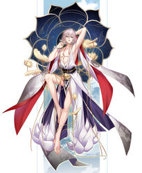  1boy bare_pectorals barefoot blonde_hair flower full_body green_eyes highres japanese_clothes jewelry lotus male_focus nightfun onmyoji onmyouji pectorals short_hair solo taishakuten_(onmyoji) white_hair 