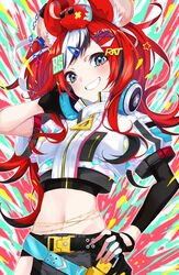  absurdres animal_ear_fluff animal_ears animal_on_head belt black_belt black_gloves black_hair black_sleeves blue_belt breasts crop_top cropped_jacket female fingerless_gloves gloves hair_ornament hakos_baelz hakos_baelz_(casual) hand_on_own_hip headphones headphones_around_neck highres hiyashinssu hololive hololive_english jacket long_hair looking_at_viewer medium_breasts midriff mouse_(animal) mouse_ears mouse_girl mouse_on_head mr._squeaks_(hakos_baelz) multicolored_hair multiple_belts navel on_head puffy_short_sleeves puffy_sleeves red_hair short_sleeves shorts single_sleeve smile star_(symbol) star_hair_ornament streaked_hair virtual_youtuber white_hair white_jacket 