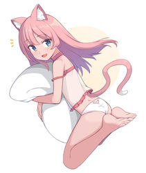  :d animal_ear_fluff animal_ears babydoll bare_arms bare_legs bare_shoulders barefoot blue_eyes cat_ears cat_girl cat_tail choker dimples_of_venus feet female full_body highres hugging_object long_hair looking_at_viewer oerba_yun_fang open_mouth original panties pillow pillow_hug pink_choker pink_hair saiste see-through simple_background smile soles solo strap_slip tail toes underwear white_background white_panties 