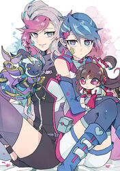  3girls altergeist_meluseek asymmetrical_sleeves bare_shoulders bessho_emma blue_girl blue_hair boots breasts brown_hair chibi duel_monster elbow_gloves ghost_girl_(yu-gi-oh!_vrains) gloves grey_eyes grey_hair hair_ornament heart heart_hair_ornament highres knees_up long_hair medium_breasts multicolored_eyes multicolored_hair multiple_girls puffy_short_sleeves puffy_sleeves purple_eyes purple_hair red_eyes short_shorts short_sleeves shorts sitting tasutekete thighhighs trickstar_lycoris two-tone_hair uneven_sleeves yu-gi-oh! yu-gi-oh!_vrains zaizen_aoi 