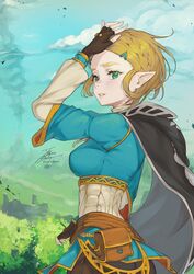  black_cape black_gloves blonde_hair blue_sky blue_tunic blurry blurry_background braid bush cape cloud commentary_request crown_braid fadingz female fingerless_gloves gloves green_eyes hand_on_own_head highres outdoors parted_lips pointy_ears pouch princess_zelda short_hair sky solo the_legend_of_zelda the_legend_of_zelda:_tears_of_the_kingdom 