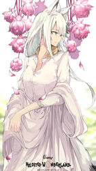  absurdres ahoge alternate_costume animal_ear_fluff animal_ears asymmetrical_hair blue_eyes braid breasts closed_mouth collared_shirt commentary cowboy_shot english_text expressionless female flower fox_ears fox_girl fox_tail hair_between_eyes highres hololive logo long_hair looking_to_the_side medium_breasts parody partially_unbuttoned petals shawl shirakami_fubuki shirt side_braid solo tail text_background translated tsumeki twisted_wonderland virtual_youtuber white_hair white_shirt 