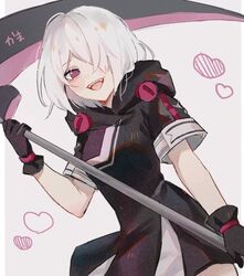  azuki_3693 bad_id bad_twitter_id black_gloves breasts female gloves hair_over_one_eye holding honkai_(series) honkai_impact_3rd looking_at_viewer short_hair simple_background smile solo weapon white_background white_hair zombie_(honkai_impact_3) 