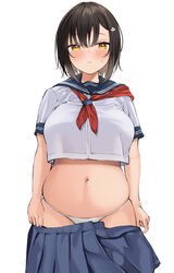  absurdres belly black_hair blouse blue_sailor_collar blue_skirt blush breasts closed_mouth clothes_pull commentary cowboy_shot crop_top crop_top_overhang cropped_shirt english_commentary female hair_ornament highres large_breasts looking_at_viewer navel neckerchief neneneji original panda_hair_ornament panties pleated_skirt plump pout pull red_neckerchief sailor_collar school_uniform serafuku shirt shirt_tucked_in short_hair short_sleeves simple_background skindentation skirt skirt_pull sleeve_cuffs solo standing underwear white_background white_panties white_shirt yellow_eyes 