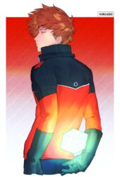  1boy arm_at_side arm_behind_back black_gloves brown_hair cube from_behind gkrk89 gloves ikoma_squad&#039;s_uniform long_sleeves looking_away male_focus mizukami_satoshi_(world_trigger) profile red_background short_hair solo uniform world_trigger 