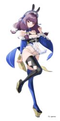  :3 absurdres aku_no_onna_kanbu:_perigee_new_moon animal_ears apron arrow_(tamawo222) asymmetrical_legwear bikini black_thighhighs blue_ribbon blue_sleeves blue_thighhighs copyright_notice female frilled_sleeves frills full_body hair_intakes hair_ribbon hair_tubes highres maid maid_bikini maid_headdress mismatched_legwear oboro_(aku_no_onna_kanbu) official_art platform_footwear purple_hair rabbit_ears ribbon short_eyebrows side-tie_bikini_bottom solo swimsuit thighhighs unconventional_maid white_apron 