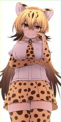  animal_ears animal_print blush breast_pocket breasts cheetah_(kemono_friends) cheetah_ears cheetah_girl cheetah_print female gloves hand_on_own_cheek hand_on_own_face highres karekusa_meronu kemono_friends large_breasts long_hair looking_at_viewer necktie oerba_yun_fang pocket print_gloves print_necktie print_skirt print_thighhighs simple_background skirt smile solo spotted_hair spotted_skirt thighhighs tsurime white_background 