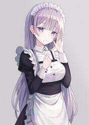  absurdres apron bad_id bad_pixiv_id black_dress blush breasts collared_shirt dress dress_shirt female grey_background grey_hair hand_up highres iren_lovel juliet_sleeves long_hair long_sleeves maid maid_headdress medium_breasts original parted_lips puffy_sleeves purple_eyes shirt simple_background solo very_long_hair waist_apron white_apron white_shirt 