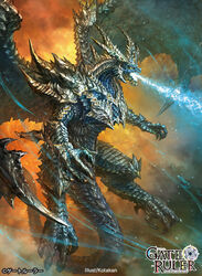  breath_weapon breathing_fire copyright_name dragon fantasy fire flying gate_ruler horns k-takano logo monster no_humans official_art open_mouth orange_eyes tail wings 