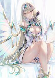  bare_shoulders between_legs blonde_hair blush breasts cleavage closed_mouth elbow_gloves feet_out_of_frame female gloves hair_ornament hand_between_legs inoue_takuya_(tactactak) large_breasts long_hair looking_at_viewer mythra_(xenoblade) mythra_(xenoblade)_(prototype) sitting solo thighs very_long_hair white_gloves xenoblade_chronicles_(series) xenoblade_chronicles_2 yellow_eyes 