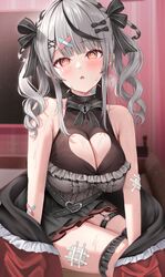  @_@ absurdres bandaid bandaid_hair_ornament black_choker black_dress black_ribbon blush bow breasts choker cleavage cleavage_cutout clothing_cutout couch dress drill_hair female grey_hair hair_ornament hair_ribbon highres hololive large_breasts looking_at_viewer oerba_yun_fang open_mouth orange_eyes ribbon sakamata_chloe sakamata_chloe_(jirai_kei) shoulder_cutout sitting solo sweat sweatdrop teeth thigh_strap thighs uni_ikura upper_teeth_only virtual_youtuber 