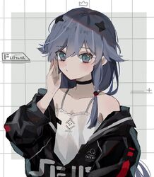  azuki_3693 bad_source bare_shoulders blue_hair blush checkered_background closed_mouth female fu_hua green_eyes hair_between_eyes hair_ornament honkai_(series) honkai_impact_3rd looking_at_viewer simple_background solo 