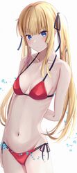  bad_id bad_twitter_id bikini black_ribbon blonde_hair blue_eyes blush breasts commentary_request female hair_ribbon highres inaka_44 long_hair long_legs navel oerba_yun_fang red_bikini ribbon saenai_heroine_no_sodatekata sawamura_spencer_eriri small_breasts solo stomach swimsuit thighhighs twintails 