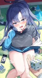  black_halo black_shirt blue_archive blue_eyes blue_hair blue_jacket blue_sweater blush bottle breasts cellphone dice female grey_shirt halo hand_on_own_face highres igayan jacket large_breasts long_hair looking_at_viewer mechanical_halo official_alternate_costume open_mouth phone ponytail pov shirt sitting solo star_sticker sticker_on_face sweat sweatdrop sweater t-shirt teeth thighs tongue track_jacket yuuka_(blue_archive) yuuka_(track)_(blue_archive) 