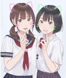  2girls animal_ears black_hair bob_cut brown_eyes brown_hair cat_ears commentary drawn_ears drawn_whiskers face_filter fake_animal_ears kyak_bamboo lips long_hair looking_at_viewer multiple_girls original school_uniform serafuku short_hair simple_background smile twintails upper_body v whiskers 