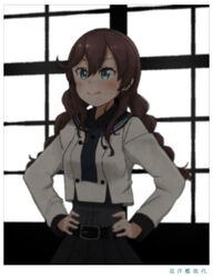  aqua_eyes bad_id bad_twitter_id belt belt_buckle black_belt black_sailor_collar black_shirt black_skirt blush braid brown_hair buckle buttons closed_mouth collared_shirt cropped_jacket female hair_between_eyes hands_on_own_hips jacket kantai_collection kitsuneno_denpachi long_hair long_sleeves noshiro_(kancolle) noshiro_kai_ni_(kancolle) pleated_skirt sailor_collar shirt skirt smile solo twin_braids upper_body white_jacket 