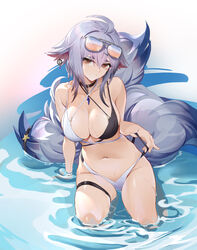  absurdres ahoge arm_support azur_lane bad_id bad_pixiv_id bikini black_choker breasts brown_eyes brown_hair chinese_commentary choker cleavage closed_mouth collarbone commentary_request earrings eyewear_on_head female groin head_tilt highres jewelry large_breasts leaning_to_the_side looking_at_viewer multiple_tails navel official_alternate_costume purple_hair shallow_water short_hair sidelocks sitting solo star_(symbol) stomach sunglasses swimsuit tail tail_ornament thigh_strap tosa_(azur_lane) tosa_(hometown_zest)_(azur_lane) two-tone_bikini water wucanming yokozuwari 