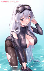  armpit_cutout artist_name azur_lane black_wetsuit bodysuit breasts cleavage cleavage_cutout clothing_cutout diving_mask diving_mask_on_head diving_suit enterprise_(azur_lane) enterprise_(diving_under_blue_skies)_(azur_lane) female flippers goggles goggles_on_head hand_up leaning_forward long_hair official_alternate_costume open_wetsuit pantyhose partially_submerged patreon_username sebu_illust solo swim_goggles torn_clothes torn_pantyhose wet wetsuit white_hair 