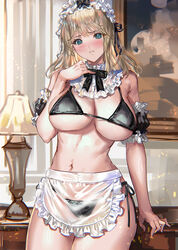  apron bare_shoulders bikini black_bikini black_bow black_bowtie blonde_hair blue_eyes blush bow bowtie breasts commentary_request female highres indoors large_breasts looking_at_viewer maid maid_apron maid_bikini maid_headdress navel original parted_lips ran&#039;ou_(tamago_no_kimi) see-through see-through_apron solo swimsuit unconventional_maid underboob 