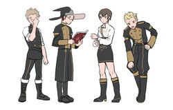  3boys blonde_hair book boots brady_(fire_emblem) brown_eyes brown_hair commentary dobinnim english_commentary female fire_emblem fire_emblem:_three_houses fire_emblem_awakening full_body garreg_mach_monastery_uniform glasses hat holding holding_book kjelle_(fire_emblem) laurent_(fire_emblem) looking_at_viewer multiple_boys open_book owain_(fire_emblem) reading red_hair short_hair skirt wizard_hat 