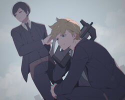  2boys black_hair black_jacket black_pants black_vest blonde_hair bowl_cut carrying_over_shoulder collared_shirt dutch_angle fighting_stance formal gun highres holding holding_gun holding_weapon holster inukai_sumiharu jacket long_sleeves male_focus multiple_boys necktie ninomiya_squad&#039;s_uniform pant_suit pants ready_to_draw shirt short_hair sky smile squatting standing suit tsuji_shinnosuke vest weapon white_shirt world_trigger yawai_tofu 