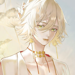  1boy bare_pectorals bishounen blonde_hair choker collarbone earrings flower green_eyes hair_between_eyes highres jewelry looking_at_viewer lotus male_focus onmyoji onmyouji pectorals red_ribbon ribbon ribbon_choker short_hair solo taishakuten_(onmyoji) upper_body white_hair yinshihi 