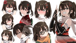  anger_vein black_gloves blush brown_eyes brown_hair closed_eyes closed_mouth commentary cropped_torso female fingerless_gloves frills gloves grin hair_between_eyes hair_ornament highres japanese_clothes kantai_collection kimono laco_soregashi multiple_views nose_blush obi one_eye_closed orange_scrunchie sash scarf scrunchie sendai_(kancolle) sendai_kai_ni_(kancolle) sidelocks simple_background sleeveless smile sunglasses sweat tied_hair twitter_username two_side_up upper_body white_background white_scarf 