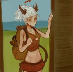  backpack bangs blush bottomwear breasts brown_eyes clothed clothing demon demon_humanoid door female grass hair halo horn humanoid looking_at_viewer miniskirt navel not_furry plant ponytail skirt small_breasts small_waist solo spade_tail standing syvaron tail white_hair 