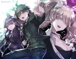  1boy 2girls ahoge artist_name bear_hair_ornament black_choker black_gloves black_jacket black_pants blue_eyes braid breasts brown_hair choker cleavage collarbone commentary danganronpa:_trigger_happy_havoc danganronpa_(series) enoshima_junko from_side frown gloves green_hoodie hair_ornament hood hooded_jacket hoodie jacket kirigiri_kyoko large_breasts long_hair long_sleeves looking_at_viewer monokuma multiple_girls naegi_makoto one_eye_closed open_mouth pants pointing purple_jacket red_nails short_hair smile spoilers stuffed_animal stuffed_toy teddy_bear teeth twintails upper_teeth_only z-epto_(chat-noir86) 