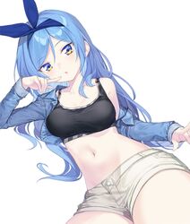  bae_minah_(chaesu) black_sports_bra blue_eyes blue_hair blue_jacket blue_ribbon breasts coffeekite crop_top female green_eyes hair_ribbon hand_on_own_face highres jacket long_hair looking_at_viewer multicolored_eyes navel open_mouth original ribbon short_shorts shorts simple_background solo sports_bra stomach thighs white_background white_shorts 