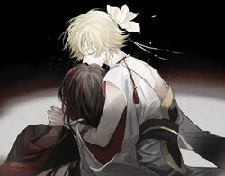  2boys asura_(onmyoji) back bare_pectorals black_hair blonde_hair bracelet closed_eyes couple dark_skin dress earmuffs earrings facial_mark flower highres hug japanese_clothes jewelry jiajiaziloffendian long_hair lotus male_focus multicolored_hair multiple_boys onmyoji onmyouji pectorals sad short_hair taishakuten_(onmyoji) tassel tattoo two-tone_hair white_hair yaoi 