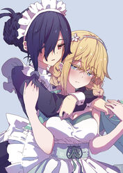  2girls apron blonde_hair blue_eyes blue_hair braid breasts cleavage commentary_request corset ear_piercing facing_viewer hair_between_eyes hair_bun hair_over_one_eye half-closed_eyes highres hug hug_from_behind kagawa_yuusaku large_breasts maid maid_apron maid_headdress multiple_girls open_mouth oujo-sama_ga_meido_ni_kankin_sa_reru_hanashi piercing purple_eyes single_hair_bun yuri 