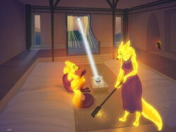  2022 4:3 anthro avian background_character breasts broom canid canine cleaning_tool closed_eyes clothed clothing container cup discreet_user doorway dress duo_focus eyebrow_piercing facial_piercing female fox fur fyre_fox glowing glowing_body group inside light light_beam lurking mammal multi_ear mylar_(discreet_user) piercing sitting size_difference small_breasts smaller_female standing sunbeam sunlight sweeping tea_cup teapot trio window yellow_body yellow_fur 