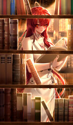  absurdres ahoge belt black_nails blush book bookshelf bookshelf_pov bracelet buckle choker closed_mouth coat coat_dress collarbone dress elesis_(elsword) elsword female hair_between_eyes highres holding jewelry library light_particles long_hair looking_at_viewer nail_polish orange_eyes red_hair rourou_(been) sleeveless sleeveless_dress smile solo standing sunlight sweatdrop very_long_hair white_belt white_choker white_coat 