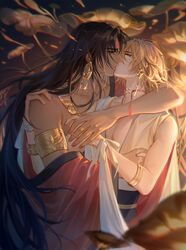  2boys 575639455 arms_around_neck asura_(onmyoji) bare_pectorals bare_shoulders black_hair blonde_hair bracelet couple dark_skin earrings face-to-face facial_mark flower green_eyes highres jewelry kissing lotus male_focus multiple_boys onmyoji onmyouji pectorals red_eyes red_ribbon ribbon short_hair taishakuten_(onmyoji) white_hair yaoi 