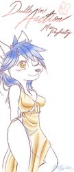  anthro arctic_fox bad_guy_cafe bikini blue_hair blush canid canine clothing dress female fox fur hair hi_res mammal mia_(smneff) ocerydia one_eye_closed solo sundress swimwear true_fox white_body white_fur wink yellow_eyes 