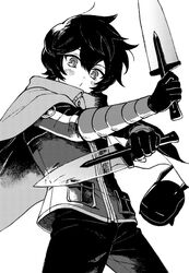  1boy arm_guards baburo blush cape cowboy_shot creature fighting_stance gloves greyscale hair_between_eyes holding holding_sword holding_weapon kuga_yuuma long_sleeves looking_at_viewer male_focus monochrome o3o outstretched_arms pants pocket replica_(world_trigger) short_hair short_sword simple_background sword torion_hei transparent_sword transparent_weapon weapon white_background world_trigger 