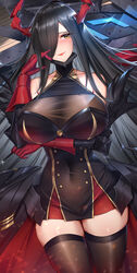  absurdres arm_under_breasts azur_lane bare_shoulders black_dress black_hair blush breast_hold breasts brown_thighhighs chinese_commentary cleavage closed_mouth collarbone commentary_request covered_navel cowboy_shot dress female friedrich_der_grosse_(azur_lane) gloves hair_ornament hair_over_one_eye hand_in_own_hair head_tilt heart heart_tattoo highres horn_ornament horns huge_breasts large_breasts long_hair looking_at_viewer mechanical_horns pubic_tattoo red_gloves red_horns rigging see-through skin_tight skindentation sleeveless sleeveless_dress smile solo tattoo thighhighs thighs very_long_hair wu_ganlan_cai yellow_eyes 