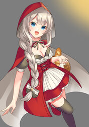  baguette basket black_legwear blue_eyes blush braid bread breasts cleavage cloak dress fate/grand_order fate_(series) female food gradient_background grey_background grey_hair highres hood hood_up hooded_cloak kawachi_(ky3550) long_hair looking_at_viewer marie_antoinette_(fate) marie_antoinette_(festival_outfit)_(fate) medium_breasts official_alternate_costume open_mouth puffy_short_sleeves puffy_sleeves red_cloak red_skirt short_sleeves single_braid skirt smile thighhighs thighs very_long_hair white_dress 