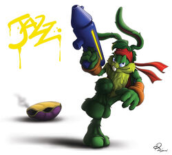  2008 3_toes 4_fingers accessory anthro armband big_eyes blue_eyes buckteeth character_name digital_media_(artwork) epic_games eru0iluvatar feet fingers fur green_body green_fur gun headband holding_object holding_weapon jazz_jackrabbit jazz_jackrabbit_(series) lagomorph leporid male mammal rabbit ranged_weapon shaded shell signature simple_background soft_shading solo_focus teeth text toes toony weapon white_background 