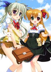  2girls :3 :d :o absurdres asteion bag blonde_hair blue_eyes blush blush_stickers bookbag bow cosplay costume_switch einhard_stratos fanbook feline flat_chest fujima_takuya green_eyes green_hair hair_ribbon hairbow heterochromia highres long_hair lyrical_nanoha mahou_shoujo_lyrical_nanoha_vivid multiple_girls official_art open_mouth panties purple_eyes rabbit red_eyes ribbon sacred_heart scan school_uniform side-tie_panties skirt smile st._hilde_academy_of_magic_uniform sweater_vest two_side_up underwear vivio white_panties 