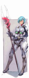  ayanami_rei blue_hair breasts erect_nipples evil-ss female full_body lance lance_of_longinus neon_genesis_evangelion plugsuit polearm short_hair skin_tight solo spear weapon 