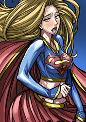  blonde_hair blue_eyes blush cape dc_comics erect_nipples female female itagayui kara_zor-el kryptonian long_hair midriff miniskirt open_mouth red_cape red_skirt skirt solo supergirl superman_(series) sweat warainaku 