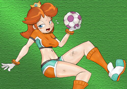  alternate_costume ball blue_eyes breasts brown_hair crown dirty female holding mario_(series) nintendo orange_hair princess princess_daisy soccer soccer_ball soccer_uniform solo sportswear super_mario super_mario_bros. super_mario_land super_mario_strikers sweat 