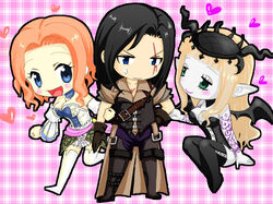  1boy 2girls angela_(castlevania) blush boots breasts castlevania chibi cleavage cross cross_necklace demon_girl miniskirt multiple_girls open_mouth ralph_c_belmondo skirt smile succubus succubus_(castlevania) thigh_boots thighhighs trevor_belmont 