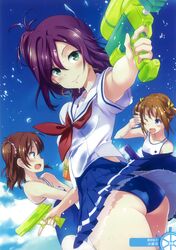  3girls absurdres armpit_peek bare_shoulders blue_eyes blue_one-piece_swimsuit blue_skirt brown_hair cloud collarbone day earrings green_eyes hair_ornament hair_ribbon hair_scrunchie high_school_fleet highres hiura_r holding holding_water_gun jewelry katsuta_satoko looking_at_viewer misaki_akeno multiple_girls ogasawara_hikari one-piece_swimsuit one_eye_closed one_side_up open_mouth outdoors petticoat pink_scrunchie pleated_skirt purple_hair ribbon school_swimsuit school_uniform scrunchie see-through serafuku shirt short_sleeves skirt sky smile swimsuit swimsuit_under_clothes two_side_up water_gun wet wet_clothes wet_shirt white_shirt yellow_ribbon yokosuka_girls_marine_high_school_swimsuit yokosuka_girls_marine_high_school_uniform 