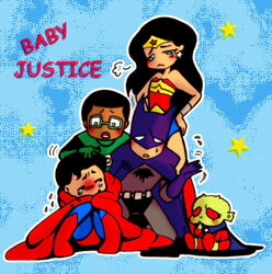  4boys amazon baby batman batman_(series) black_hair blue_eyes bodysuit bruce_wayne cape cry crying dark_skin dc_comics dcau etrigan female gloves green_lantern green_lantern_(series) green_skin jason_blood john_stewart justice_league kryptonian lasso lolicon mask multiple_boys red_cape red_eyes red_shoes shoes superman wonder_woman wonder_woman_(series) 