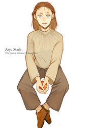  a_song_of_ice_and_fire apple artist_request arya_stark blue_eyes brown_hair female female food fruit lolicon long_hair simple_background smile solo 